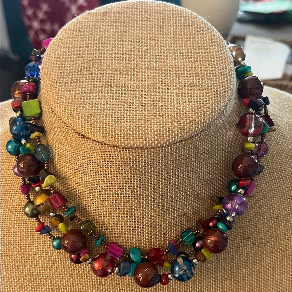 Multicolor Triple Strand Glass Beaded‎ Necklace and Earrings Set